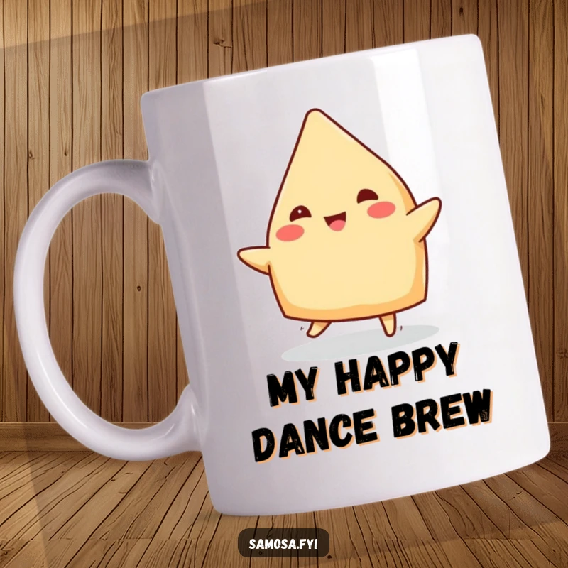 Funny Samosa Mug: A cheerful samosa with triangular edges doing a lively dance jig, full of happy energy.