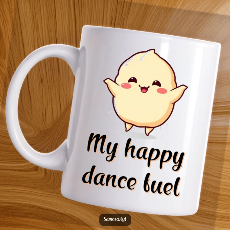 Funny Samosa Mug showing a happy samosa character dancing energetically with wiggling sides, conveying pure delight and joy.