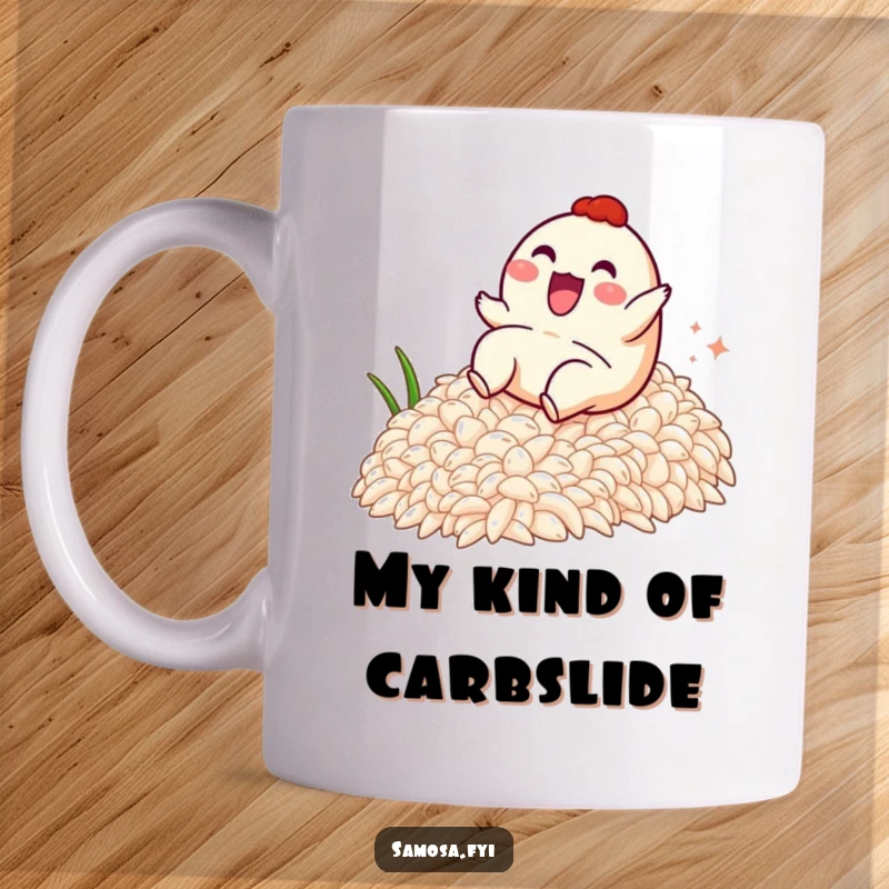 Funny mug featuring a happy samosa character joyfully sliding down a steep slope of fluffy white rice, embodying pure exhilaration.
