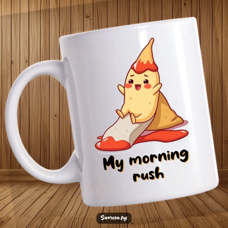 Funny Samosa Mug: A cheerful samosa character joyfully slides down a vibrant red ketchup slide, full of fun.