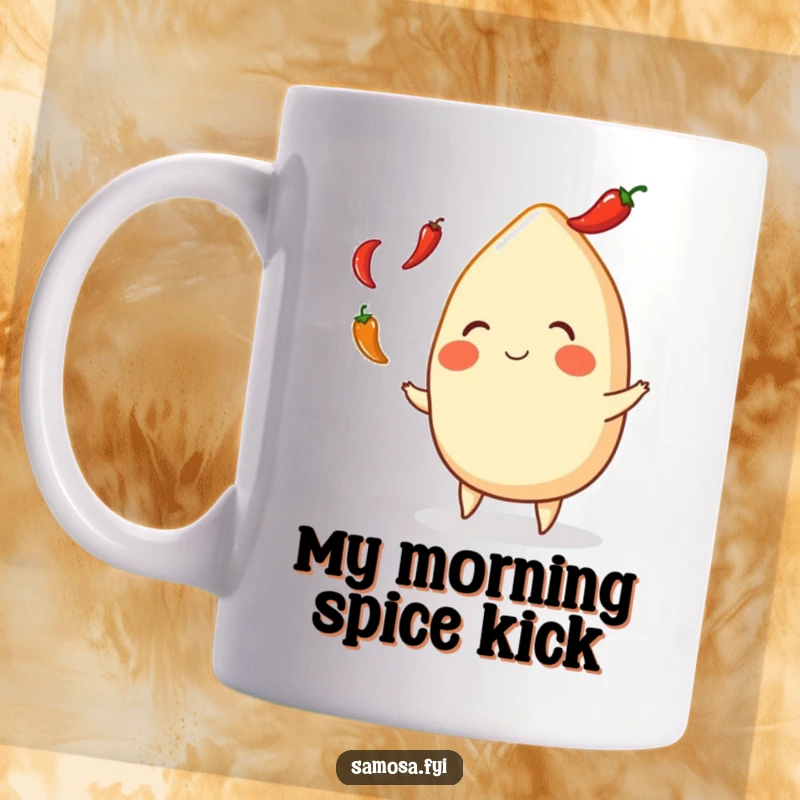 Funny Samosa Mug: Smiling Indian snack playfully juggling small red chili peppers, conveying joy and a love for spice.