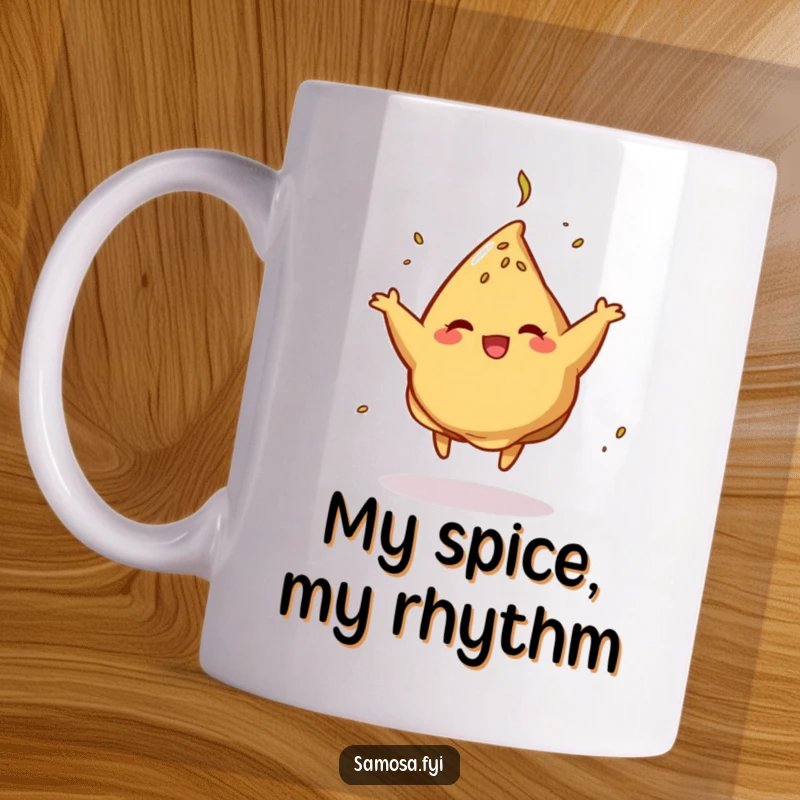 Funny Samosa Mug with a dancing Indian snack spinning with cumin, bringing joy and humor to your kitchen.