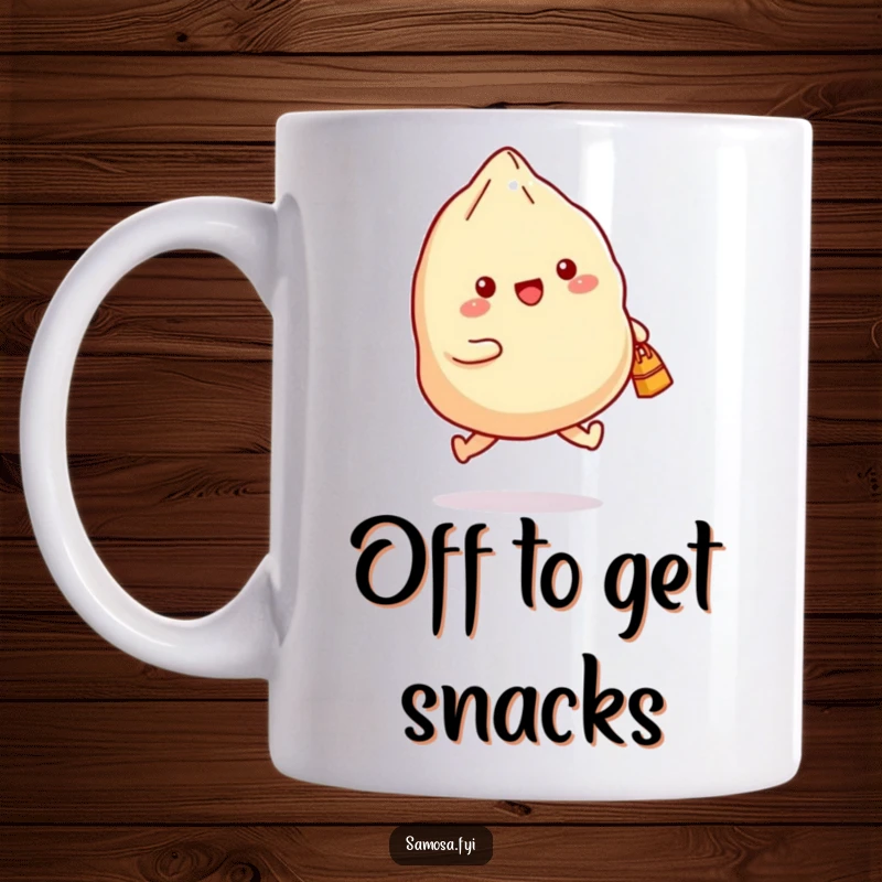Funny mug showing a samosa joyfully skipping with a small bag, radiating happiness and excitement for a treat.