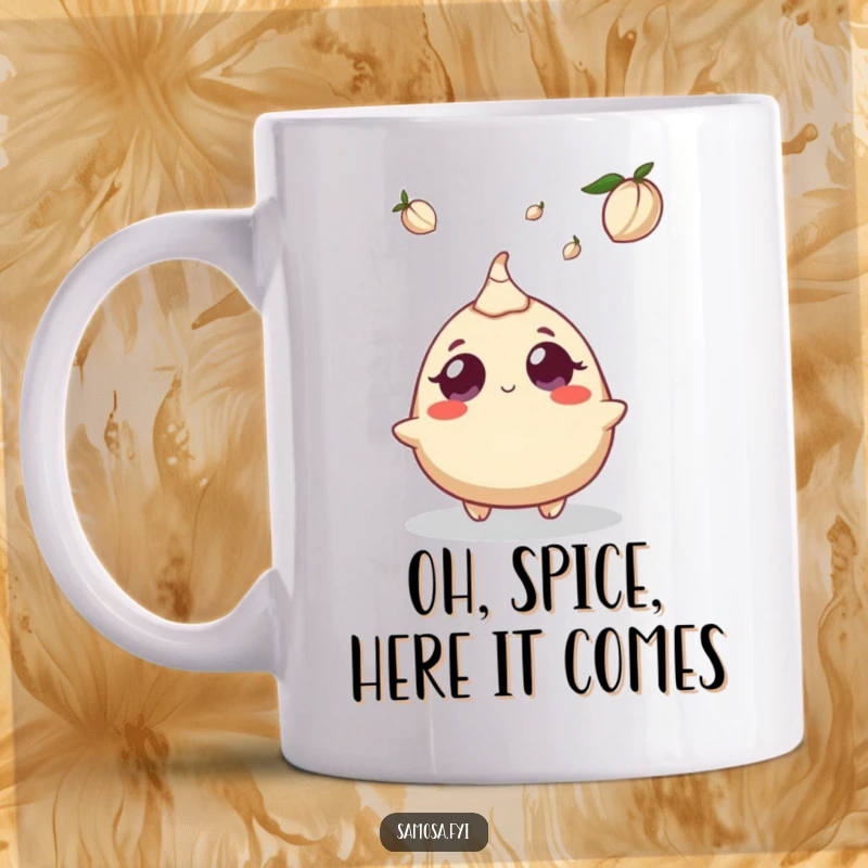 Funny mug: a samosa character looks up with comically wide eyes at a single cardamom pod falling from above.