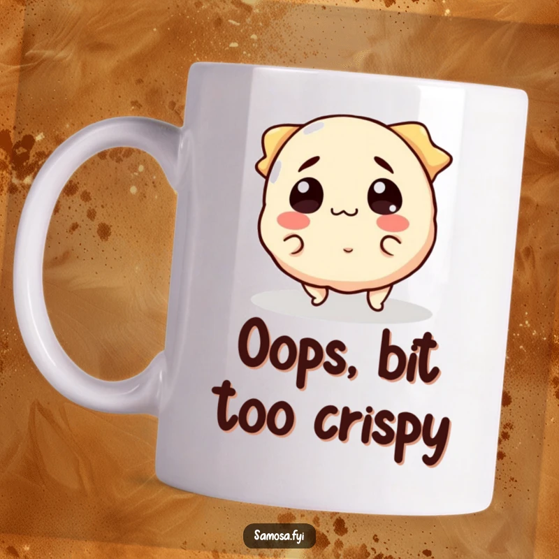 Funny Mug depicting a smiling samosa character comically tripping over its own edges with surprise.