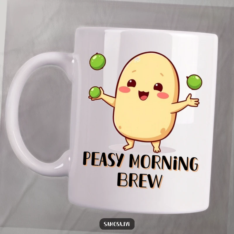 Funny mug featuring a happy samosa character skillfully juggling three tiny peas with a cheerful expression.