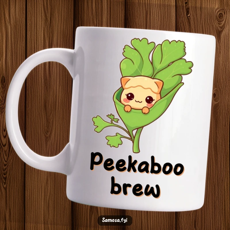 Funny Samosa Mug: A shy samosa character peeks from behind a large, green coriander leaf, looking cute.