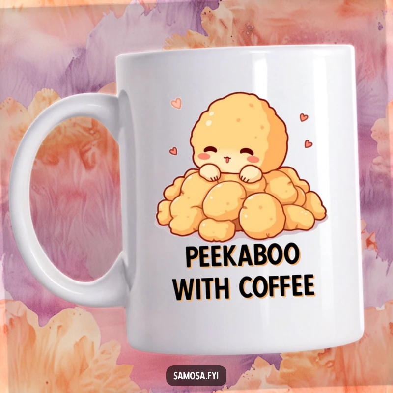 Funny mug showing a shy pakora character peeking out from a pile of crispy batter, with wide, innocent eyes.