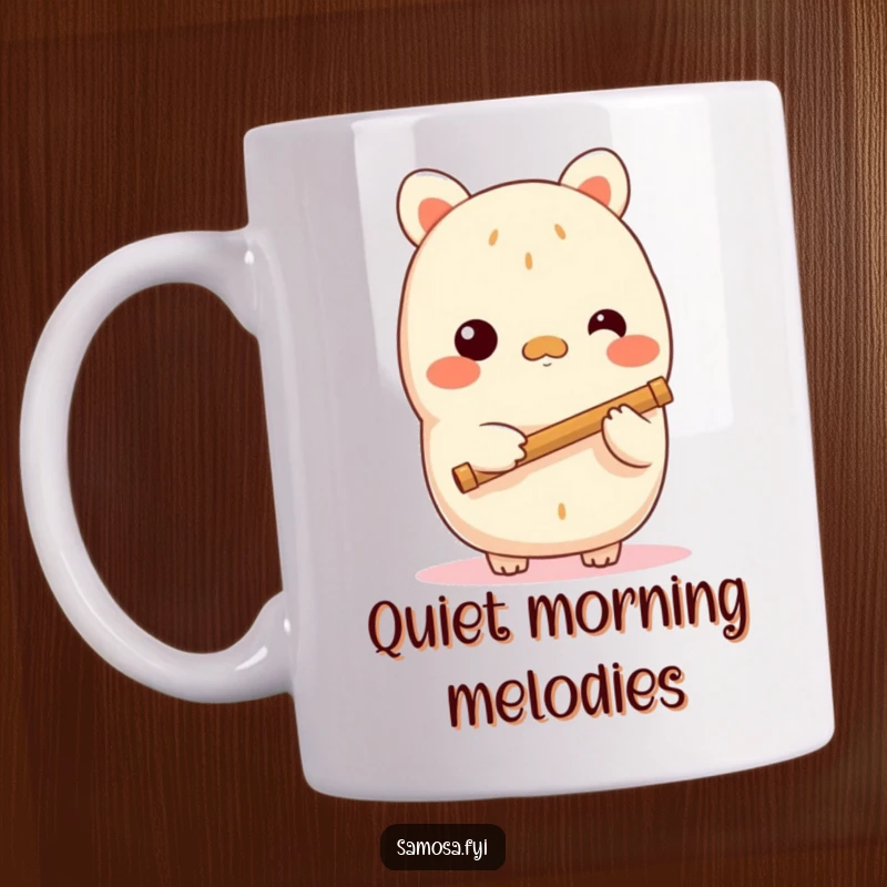 Funny samosa mug showing a shy samosa character gently holding a tiny flute, evoking quiet musicality and sweet humor, a thoughtful gift.