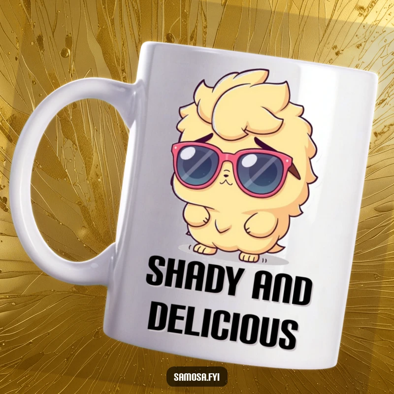 Funny Mug showing a samosa character in oversized sunglasses, shrugging innocently with a cool, mysterious vibe.