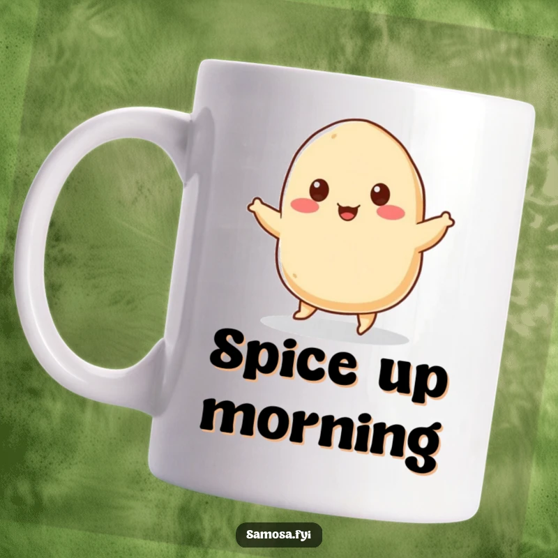 Funny Mug featuring a cheerful samosa character with tiny sesame seed eyes, humorously doing a joyful jig, radiating happiness and deliciousness.