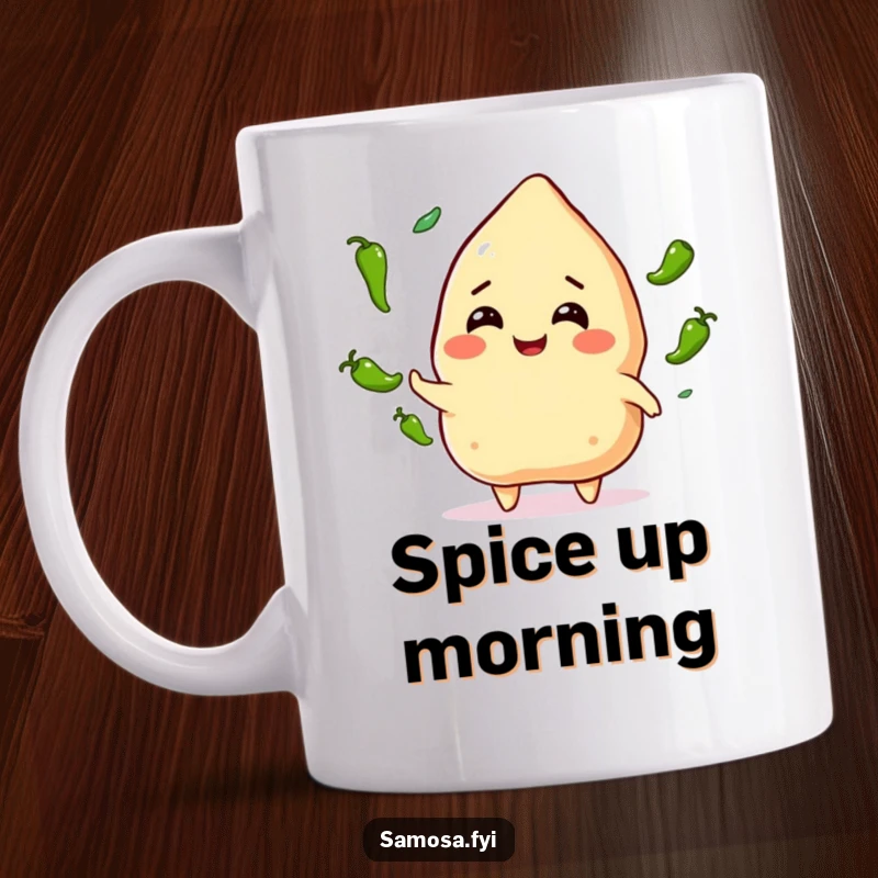 Funny Samosa Juggling Mug: A smiling samosa character skillfully juggling small green chili peppers, showcasing playful boldness and spicy amusement.