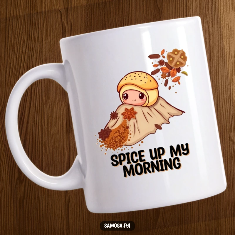 Funny mug featuring a brave pastry with filling peeking out, climbing a spice mountain, conveying ambition and humor.