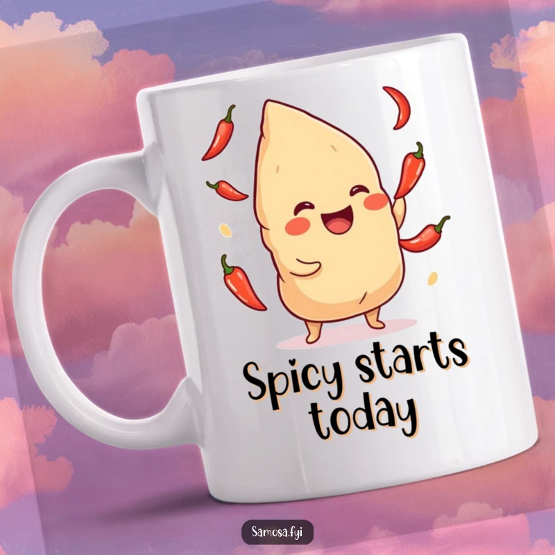 Funny Samosa Mug: A comical samosa laughing while juggling small red chili peppers, embodying spicy humor.