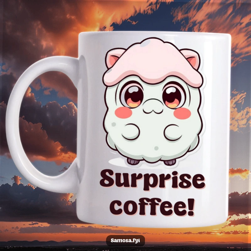 Funny Surprised Samosa Mug featuring a samosa character with wide, shocked eyes, conveying utter surprise and amazement humorously.