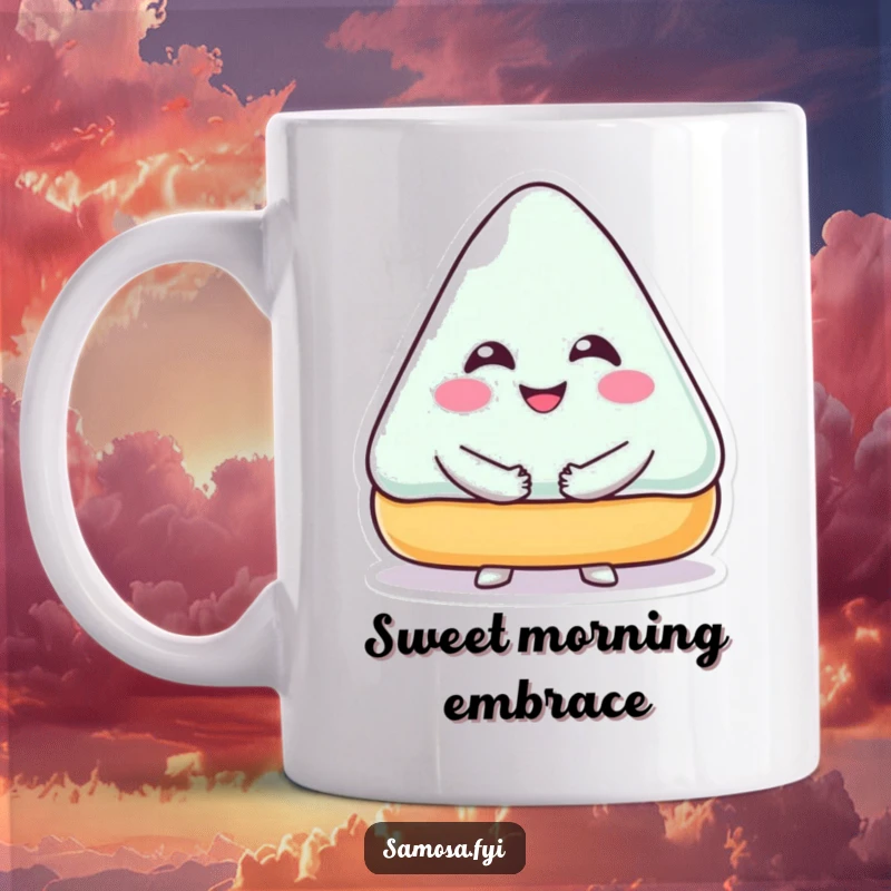 Funny Mug featuring a triangular pastry character with a big smile, joyfully giving a warm hug, a sweet treat.