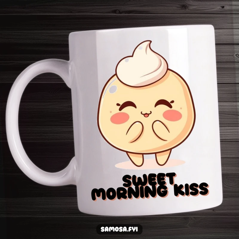 Funny blushing pastry puff character gently blowing a kiss on a mug, conveying sweetness and affection.