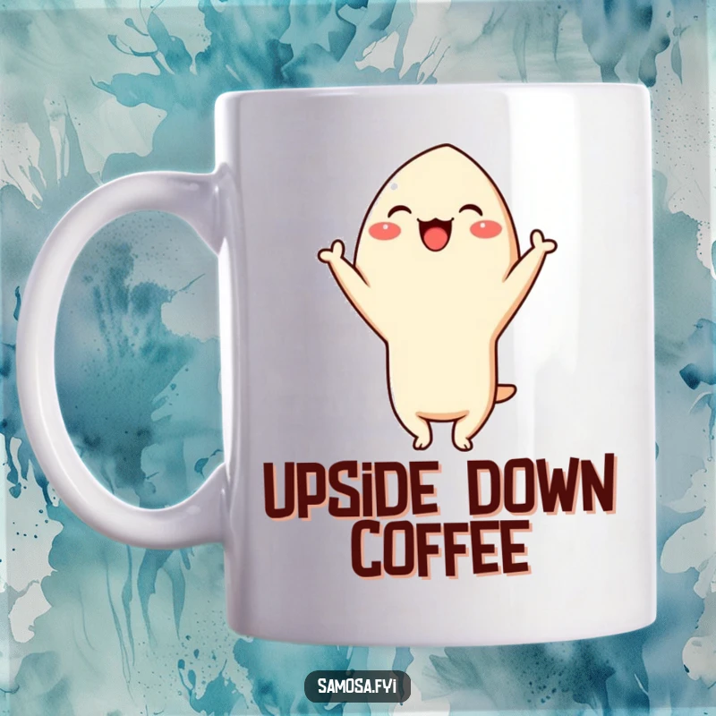 Funny Samosa Headstand Mug: A samosa character giggling while performing a headstand, showcasing playful mischief and culinary comedy.