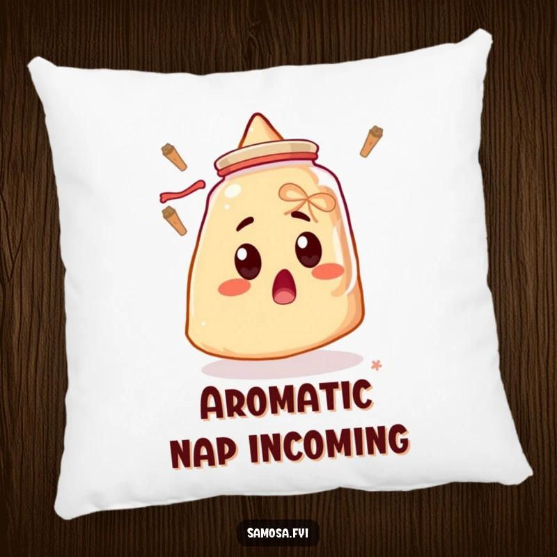 Funny pillow featuring a surprised samosa with wide eyes, looking amusingly at a floating spice jar, a comically shocking comfort item.