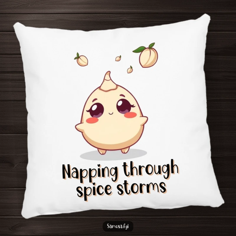Funny pillow featuring a samosa character looking up with comically large, startled eyes at a falling cardamom pod above.