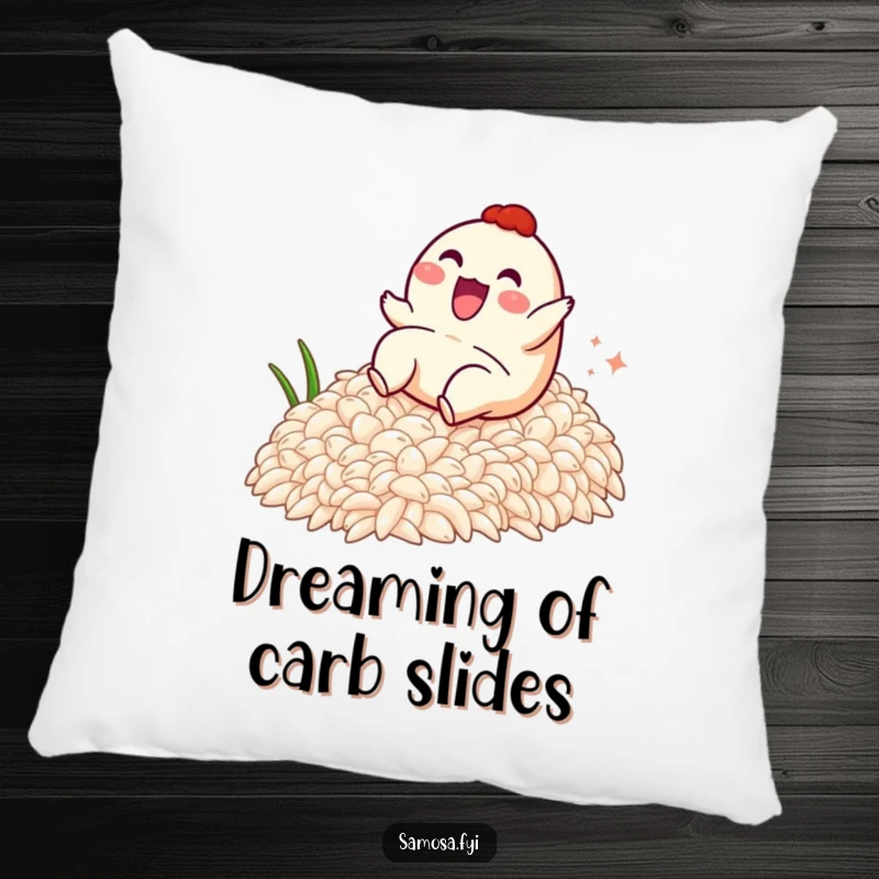 Funny pillow showing a delighted samosa character having an adventurous slide down a soft mound of white rice, bringing smiles.