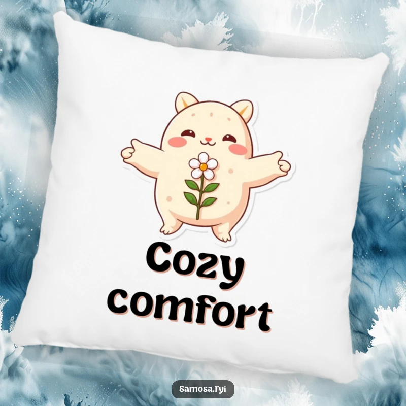 Funny samosa pillow, arms spread wide, embracing a small flower, soft and peaceful cushion, great gift.