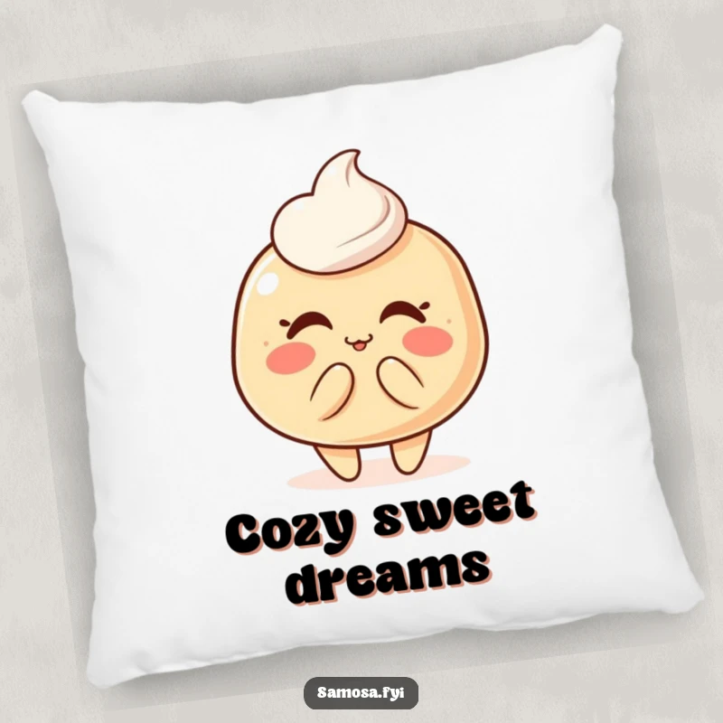 Soft pillow featuring a blushing pastry puff character blowing a sweet kiss, designed for comfort and cute appeal.