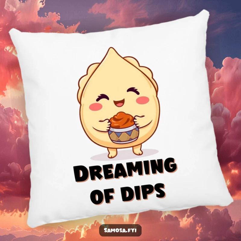 Funny Samosa Pillow showcases a winking samosa character offering a chutney pot, bringing cozy food-themed humor.