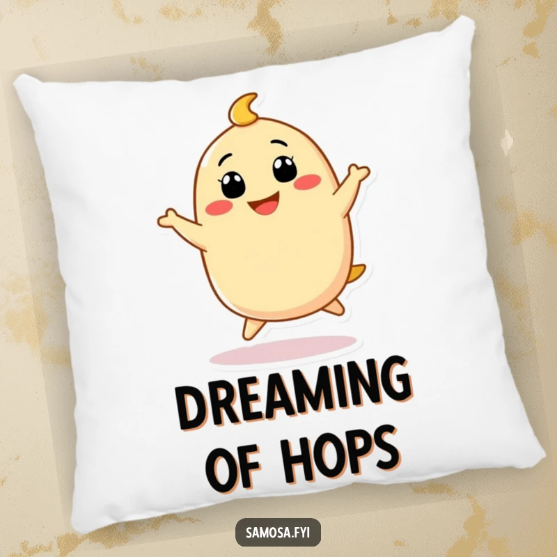 Funny Samosa Pillow with a cute samosa character doing a funny little hop with a big grin, offering cheerful comfort.