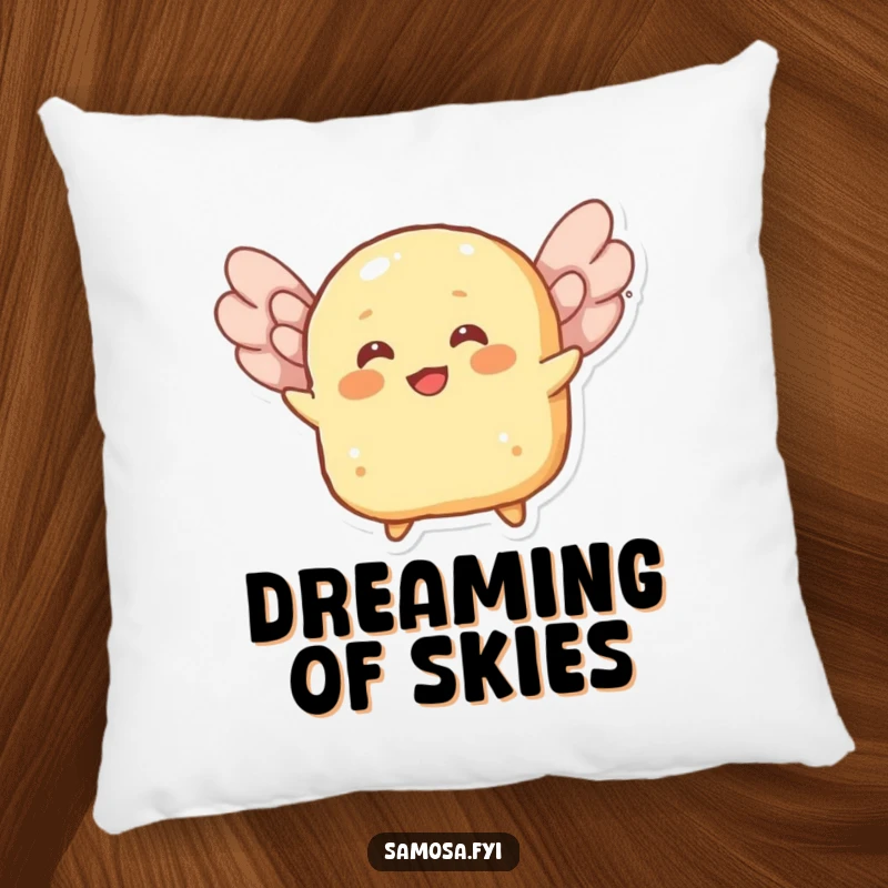 Funny pillow featuring a cheerful roti character attempting to fly using its flaky layers as wings, soft and huggable.