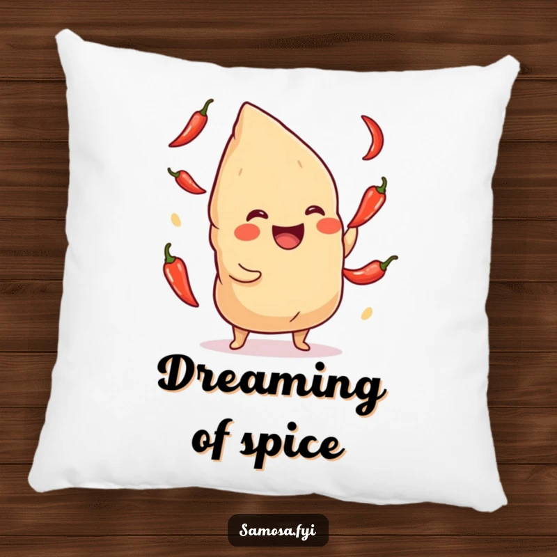 Funny Samosa Pillow: A soft cushion featuring a laughing samosa juggling chili peppers, adding spicy humor to any room.