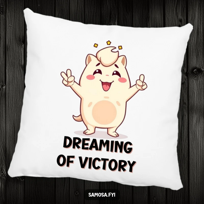 Funny samosa pillow depicting a triumphant samosa character in a victory pose, offering plush comfort and a symbol of achievement, a delightful gift.