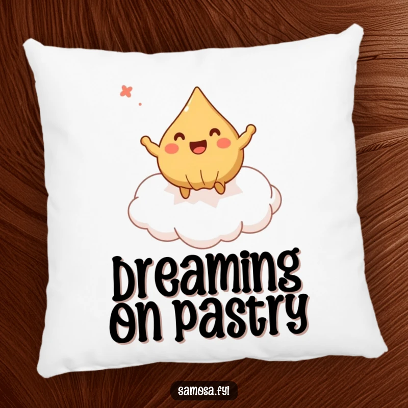 Funny Pillow with a samosa gleefully bouncing on a pastry cloud, creating a soft and humorous accent piece.