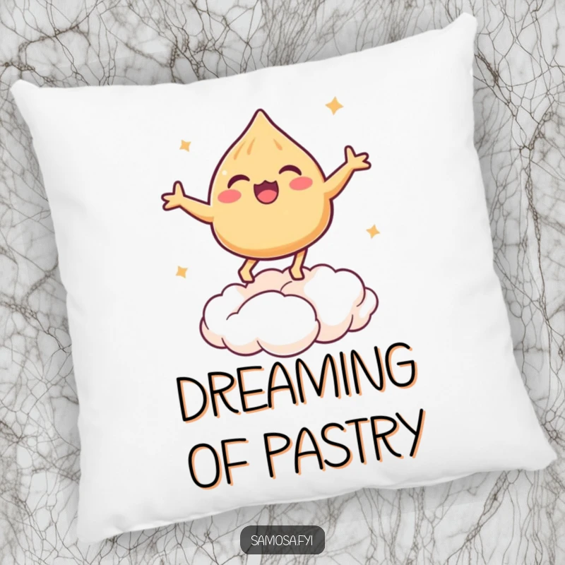 Funny pillow designed with a samosa happily bouncing on a sweet puff pastry cloud.
