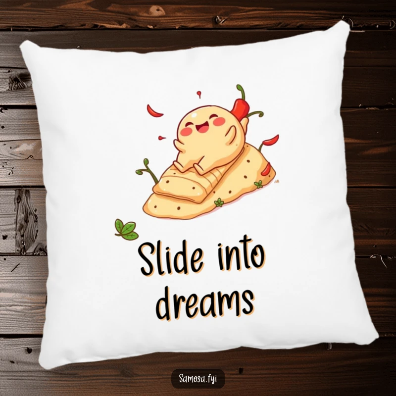 Funny Cheerful Samosa Pillow: Soft cushion featuring a snack sliding down a spicy pepper hill, ideal for cozy, humorous relaxation.