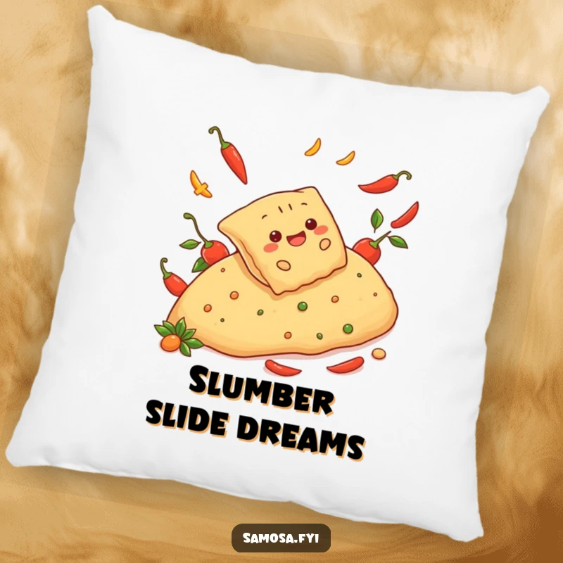 Funny pillow with a cheerful samosa sliding down a spicy pepper hill, perfect for adding a touch of cozy adventure and humor.