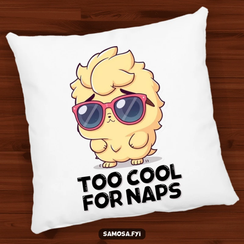 Funny Pillow featuring a samosa character in cool sunglasses, shrugging innocently, delivering cozy mystery.