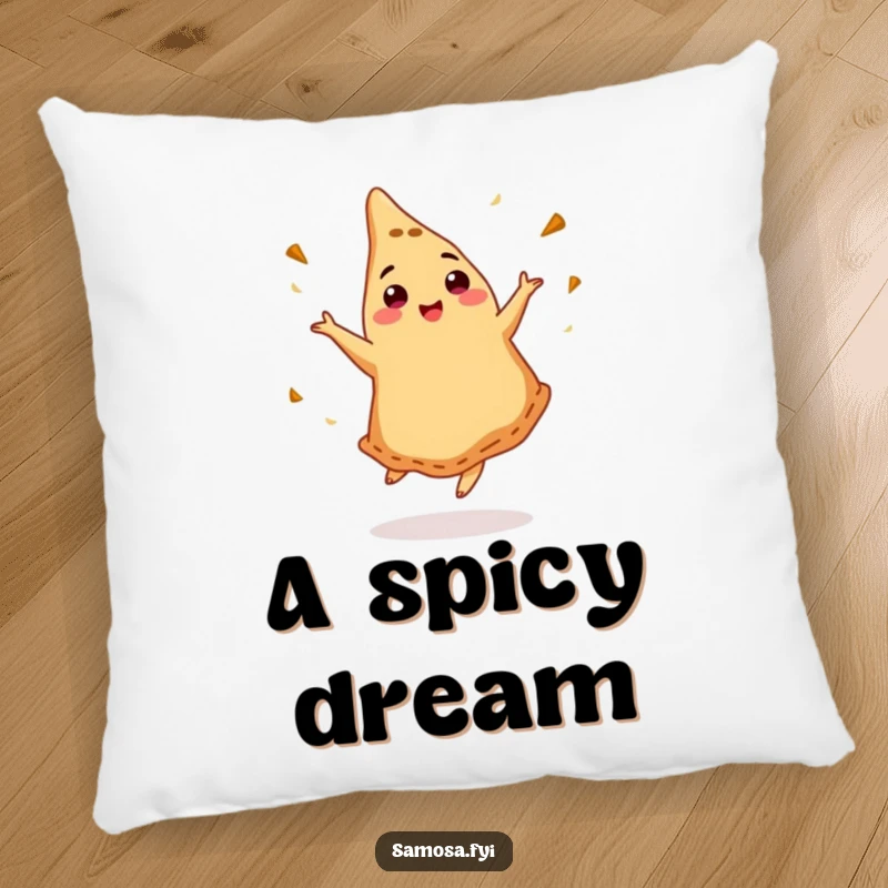 Funny pillow with a dancing samosa, decorated with cumin, for cozy and humorous home decor.
