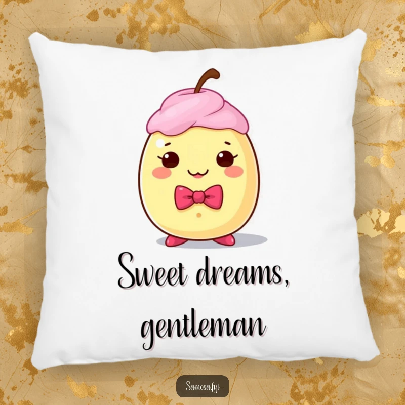 Funny decorative pillow featuring a dapper gulab jamun character in a bow tie, offering comfort and sweet humor.