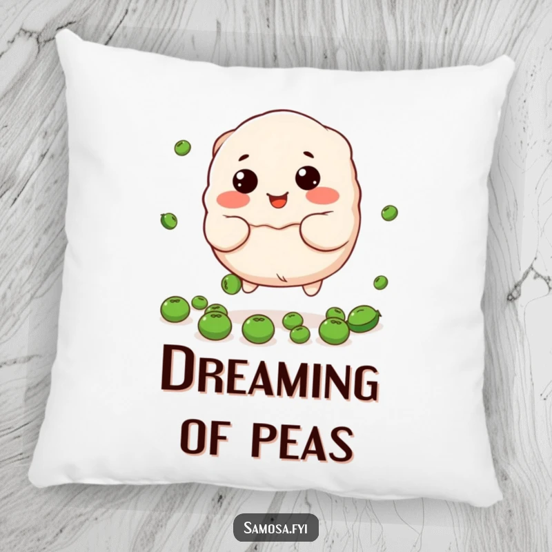 Funny dumpling pillow featuring the stuffed character trying to catch peas, adding a cozy and cute touch.