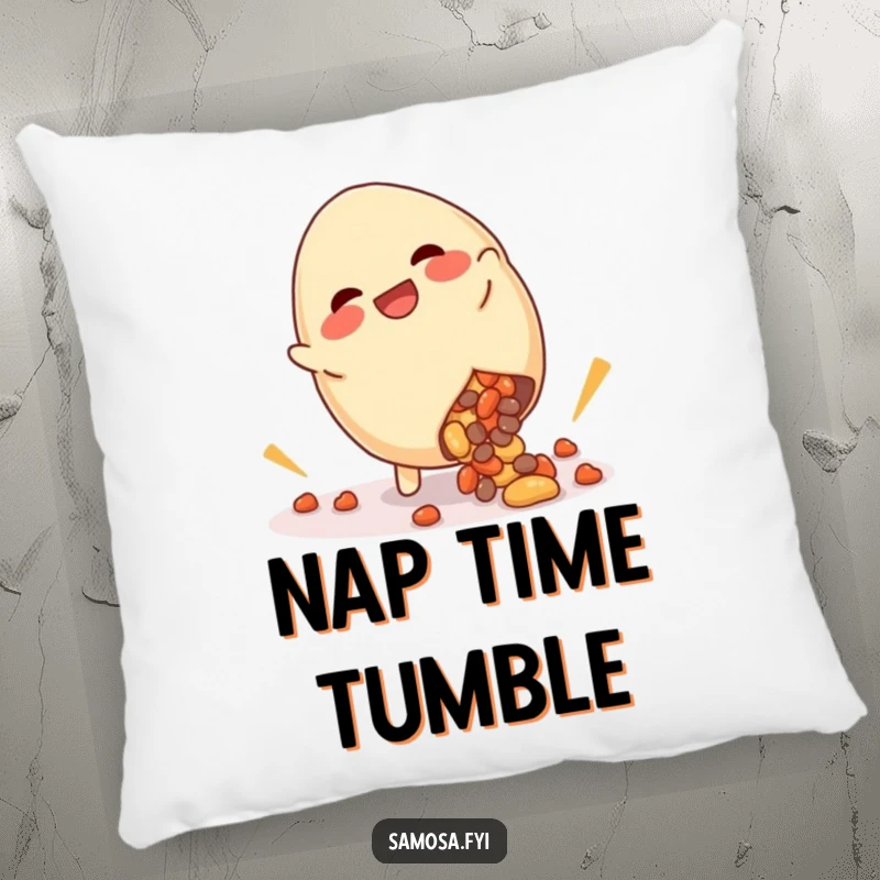 Funny pillow with a giggling samosa mid-cartwheel with filling spilling out, perfect for adding a touch of cozy humor.