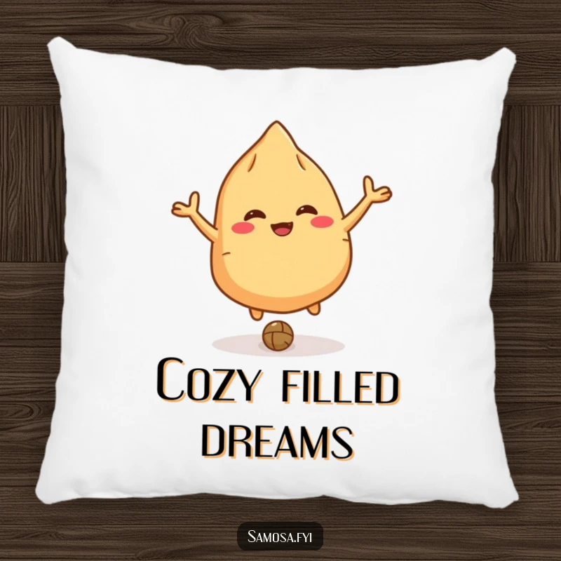 Funny giggling samosa pillow with a character bouncing a lentil like a ball, a soft and playful item.