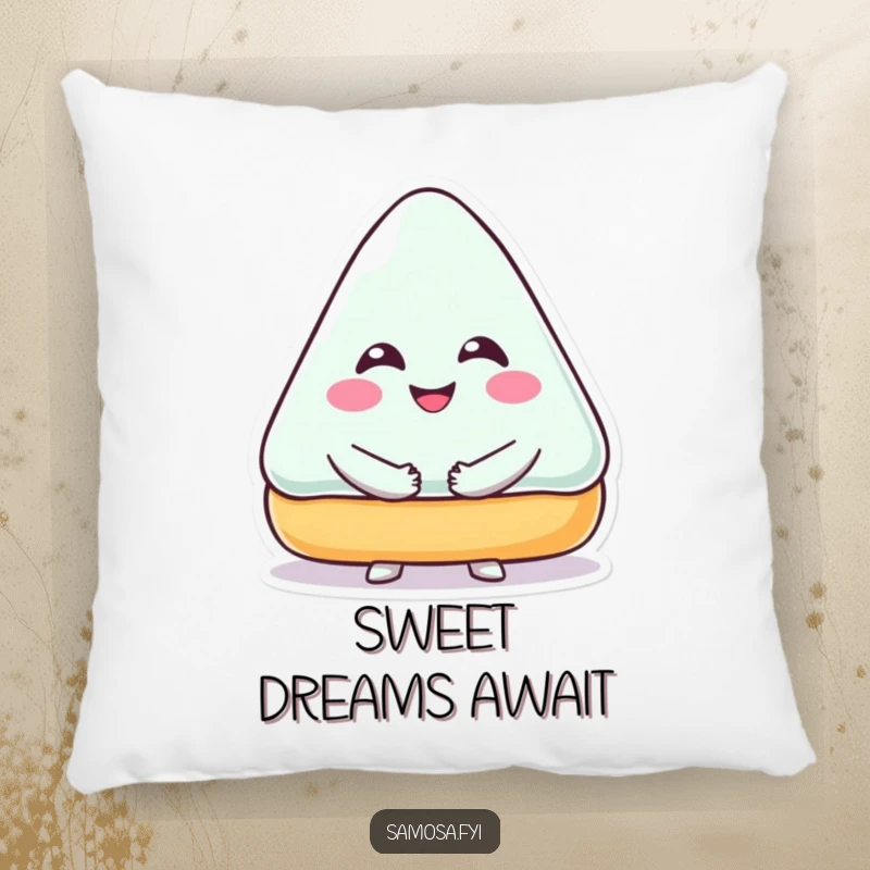 Funny Pillow featuring a triangular pastry character with a big smile, offering a warm hug, perfect for cozying up.