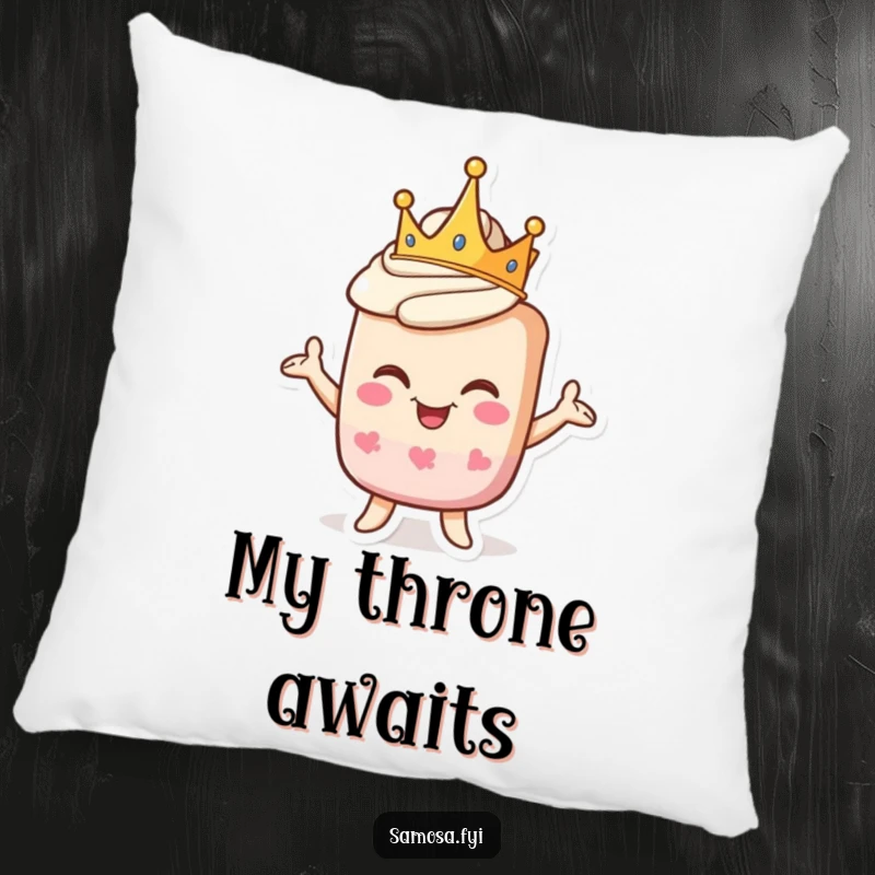 Funny pillow featuring a crowned pastry character striking a proud, goofy pose, offering cozy and humorous decor.