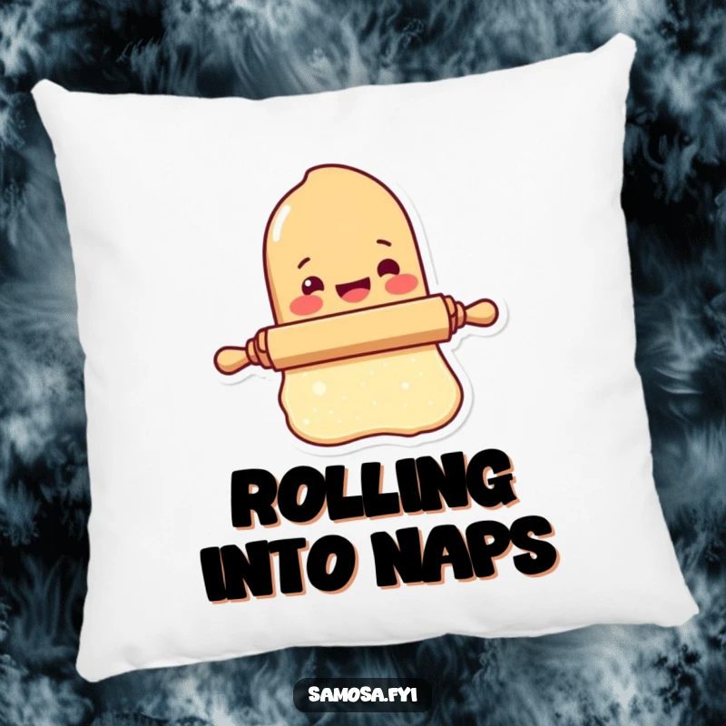 Funny Rolling Pin Pillow showcases a delighted rolling pin character rolling a tiny dough sheet, bringing cozy baking humor.