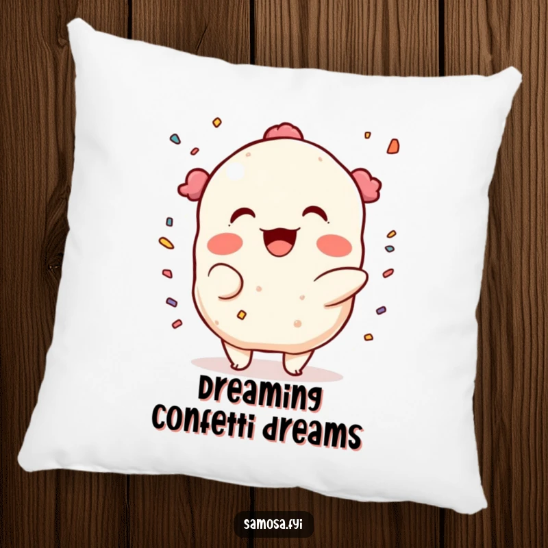 Funny Pillow: A samosa character throwing confetti with a mischievous grin, offering soft comfort and a dose of festive humor.