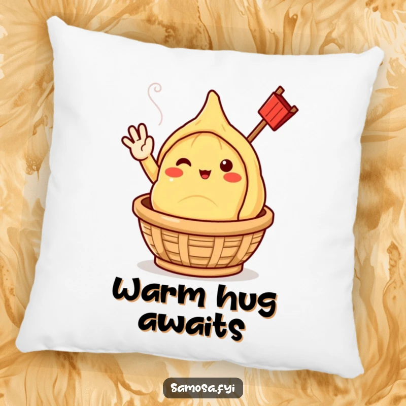 Funny samosa character cheerfully waving, emerging from a steaming basket, designed on a soft, decorative pillow.