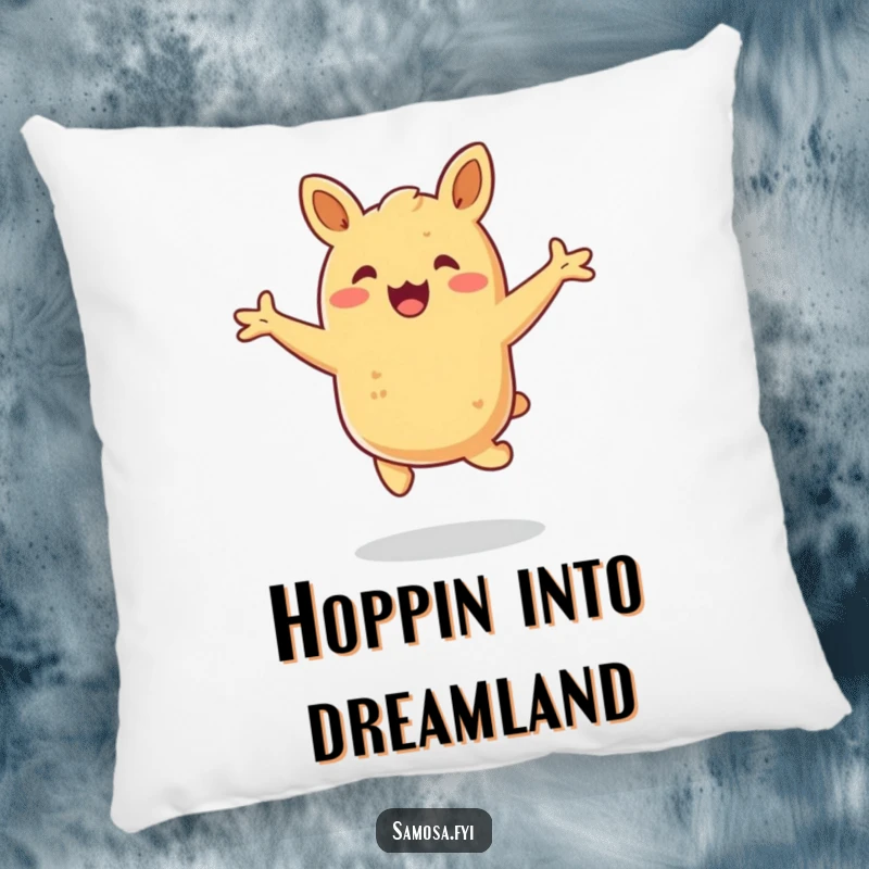 Funny samosa pillow displaying a happy pastry hopping with arms outstretched, offering comfort and an exciting aesthetic.