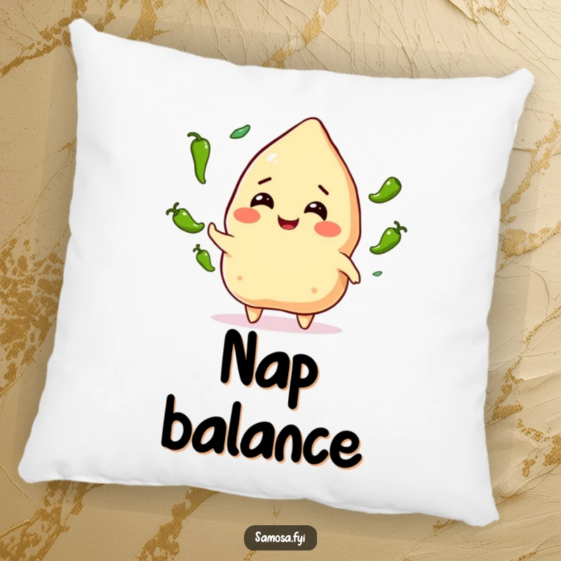 Funny Samosa Juggling Pillow: A smiling samosa character expertly juggling green chili peppers, offering cozy comfort with a spicy, playful twist.