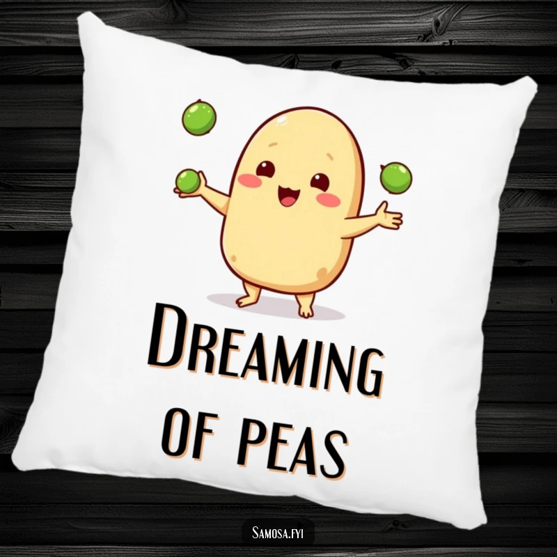 Funny pillow featuring a happy samosa character juggling three small peas, offering cozy comfort and playful charm.
